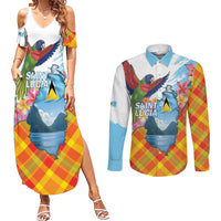 Saint Lucia Independence Day Couples Matching Summer Maxi Dress and Long Sleeve Button Shirt Saint Lucian Map Pitons Madras Pattern