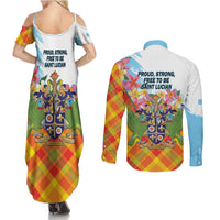 Saint Lucia Independence Day Couples Matching Summer Maxi Dress and Long Sleeve Button Shirt Saint Lucian Map Pitons Madras Pattern