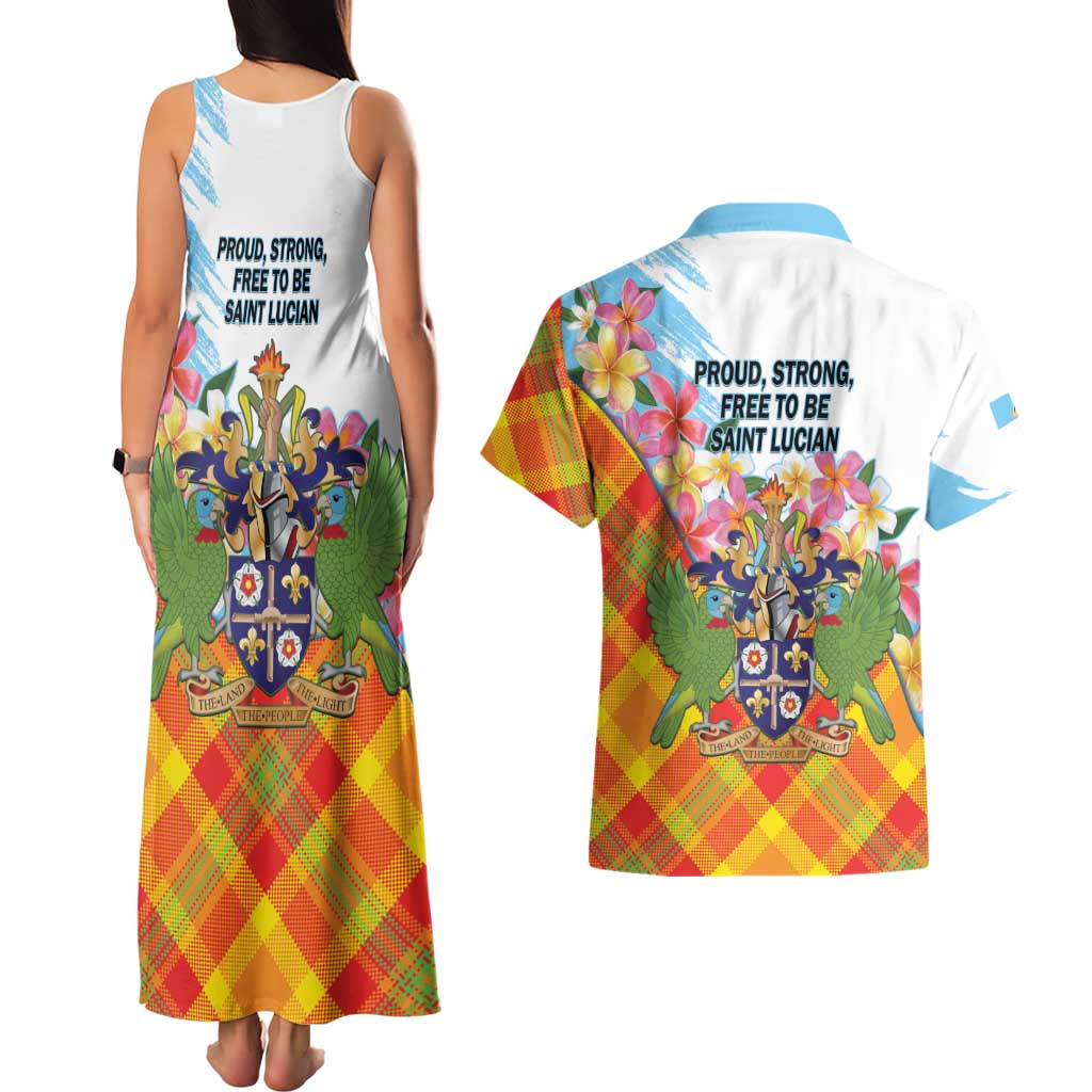 Saint Lucia Independence Day Couples Matching Tank Maxi Dress and Hawaiian Shirt Saint Lucian Map Pitons Madras Pattern