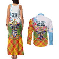 Saint Lucia Independence Day Couples Matching Tank Maxi Dress and Long Sleeve Button Shirt Saint Lucian Map Pitons Madras Pattern