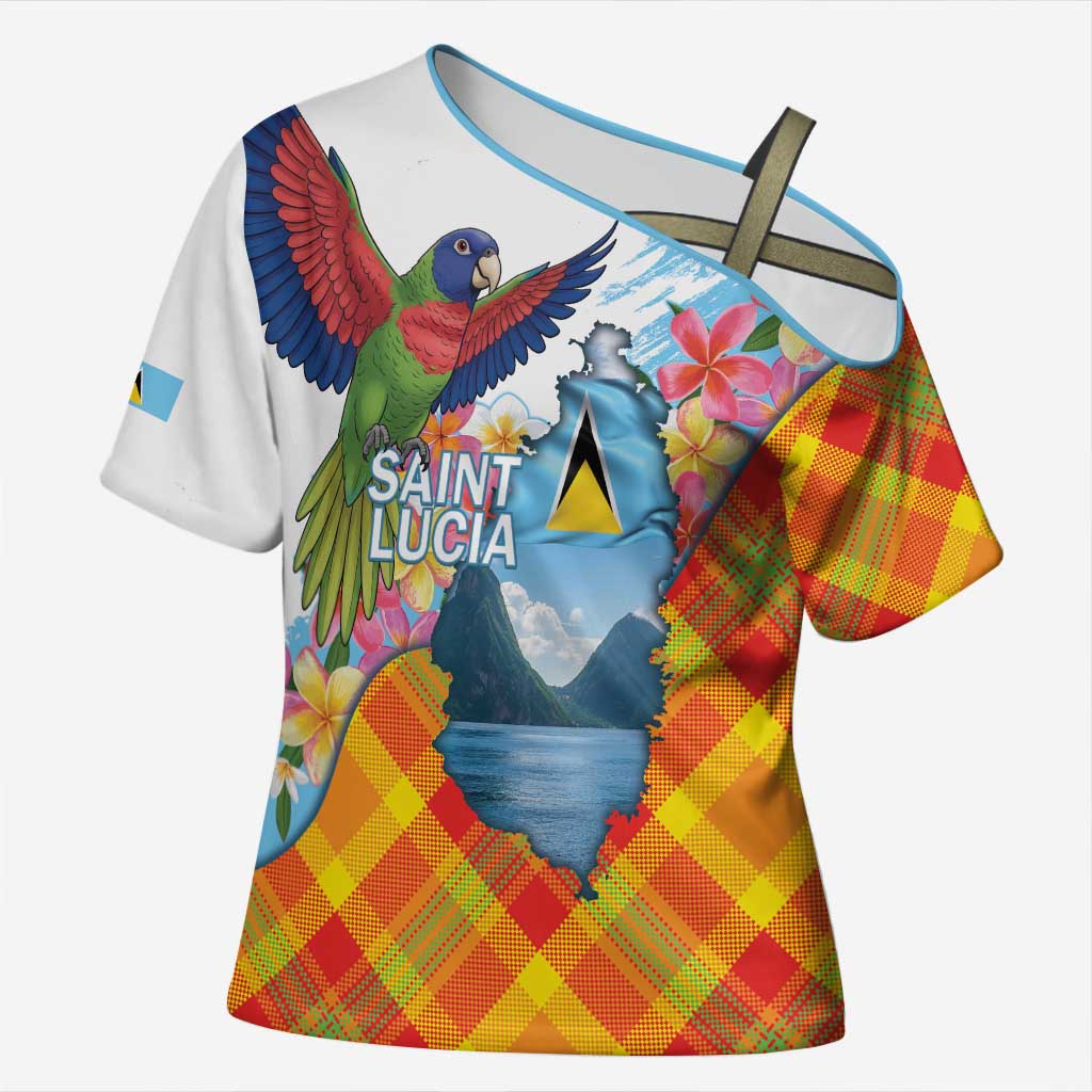 Saint Lucia Independence Day Cross Shoulder Shirt Saint Lucian Map Pitons Madras Pattern