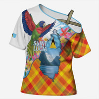 Saint Lucia Independence Day Cross Shoulder Shirt Saint Lucian Map Pitons Madras Pattern
