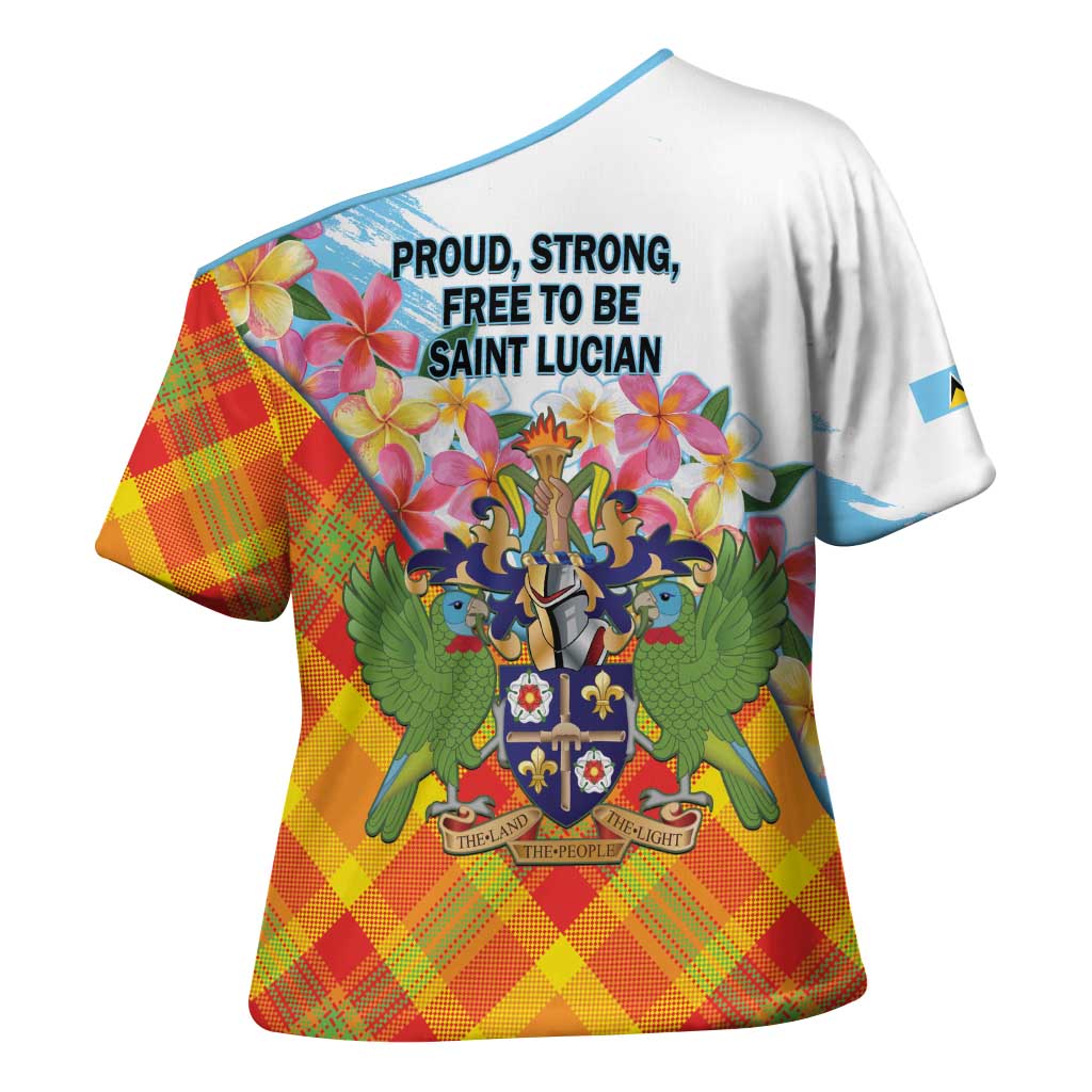 Saint Lucia Independence Day Cross Shoulder Shirt Saint Lucian Map Pitons Madras Pattern