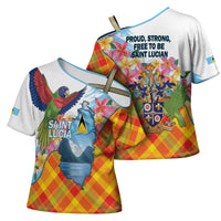 Saint Lucia Independence Day Cross Shoulder Shirt Saint Lucian Map Pitons Madras Pattern