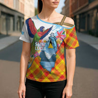 Saint Lucia Independence Day Cross Shoulder Shirt Saint Lucian Map Pitons Madras Pattern