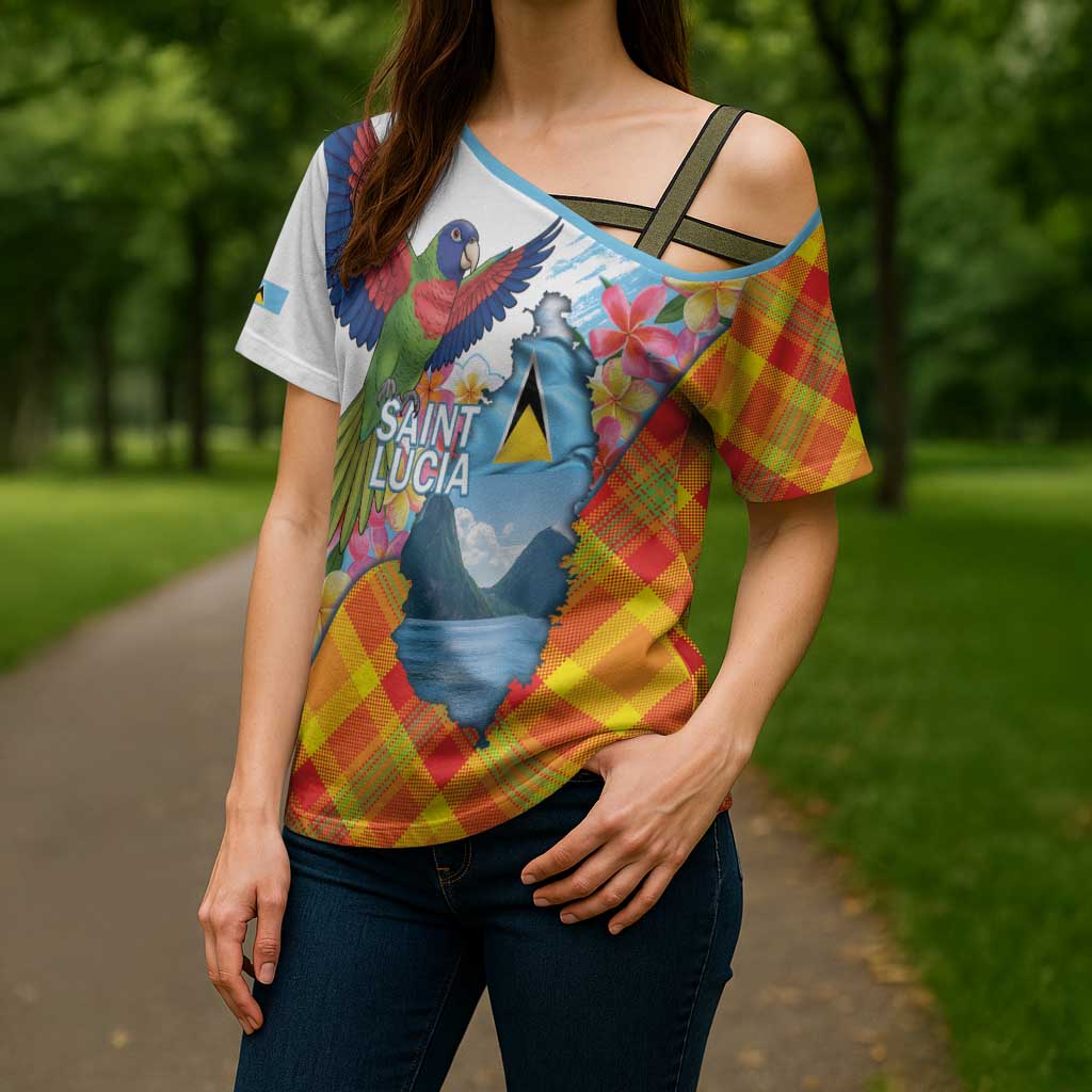 Saint Lucia Independence Day Cross Shoulder Shirt Saint Lucian Map Pitons Madras Pattern