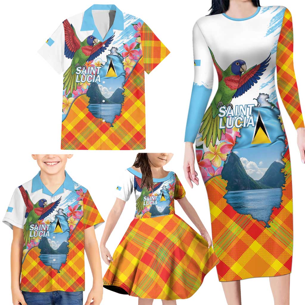 Saint Lucia Independence Day Family Matching Long Sleeve Bodycon Dress and Hawaiian Shirt Saint Lucian Map Pitons Madras Pattern