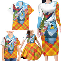 Saint Lucia Independence Day Family Matching Long Sleeve Bodycon Dress and Hawaiian Shirt Saint Lucian Map Pitons Madras Pattern