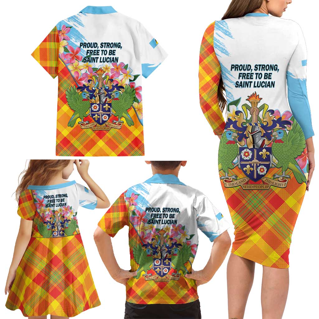 Saint Lucia Independence Day Family Matching Long Sleeve Bodycon Dress and Hawaiian Shirt Saint Lucian Map Pitons Madras Pattern