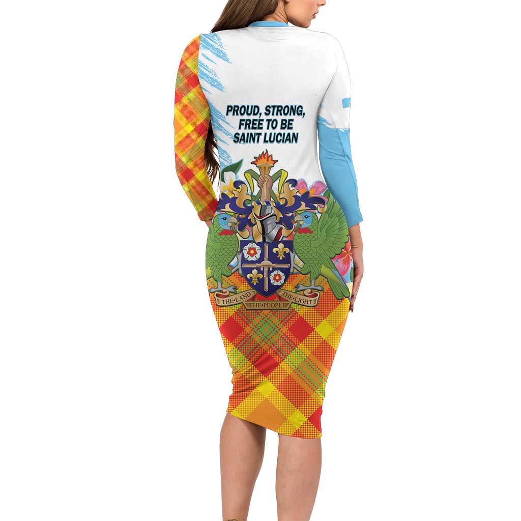 Saint Lucia Independence Day Family Matching Long Sleeve Bodycon Dress and Hawaiian Shirt Saint Lucian Map Pitons Madras Pattern