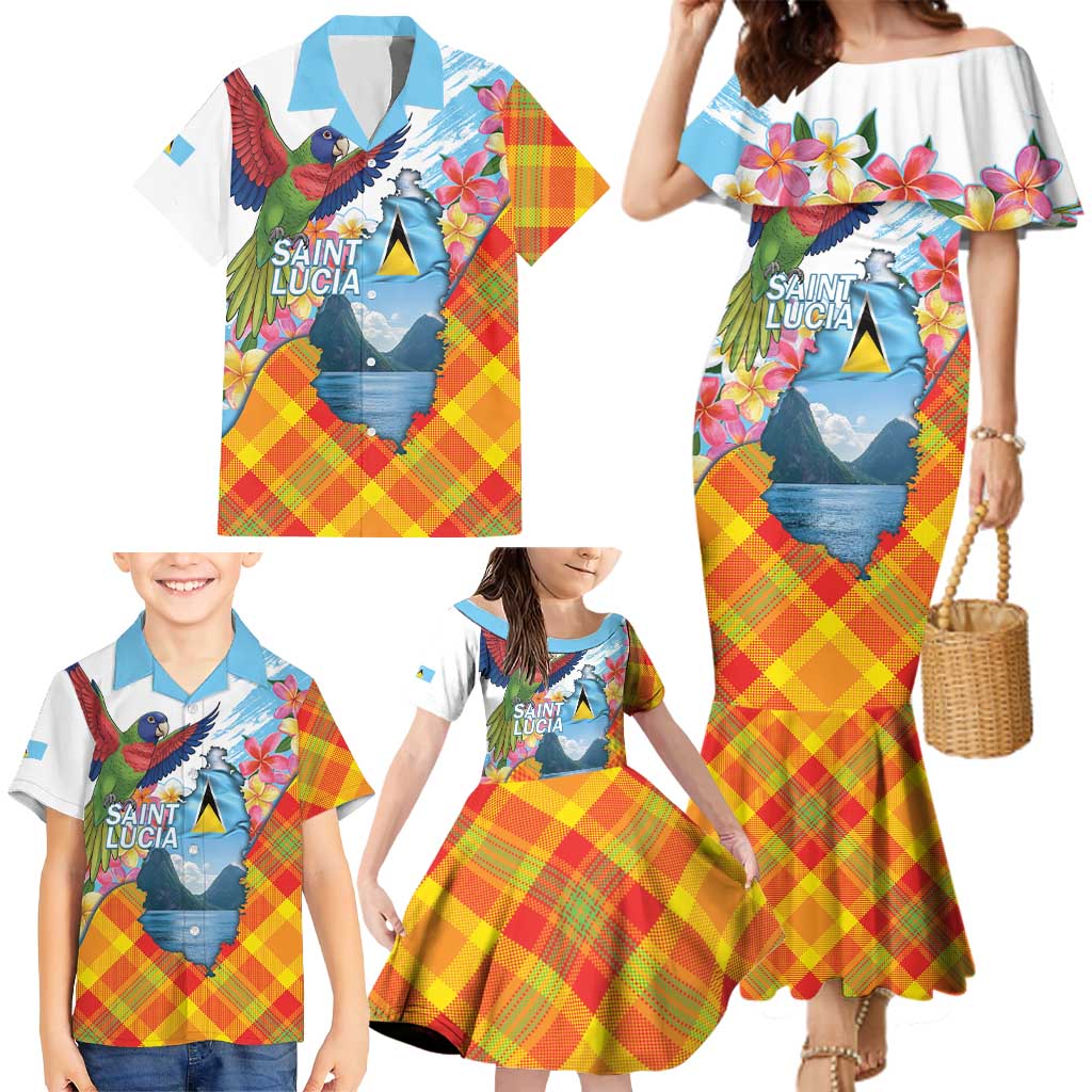 Saint Lucia Independence Day Family Matching Mermaid Dress and Hawaiian Shirt Saint Lucian Map Pitons Madras Pattern