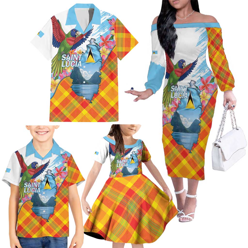 Saint Lucia Independence Day Family Matching Off The Shoulder Long Sleeve Dress and Hawaiian Shirt Saint Lucian Map Pitons Madras Pattern