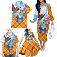 Saint Lucia Independence Day Family Matching Off The Shoulder Long Sleeve Dress and Hawaiian Shirt Saint Lucian Map Pitons Madras Pattern