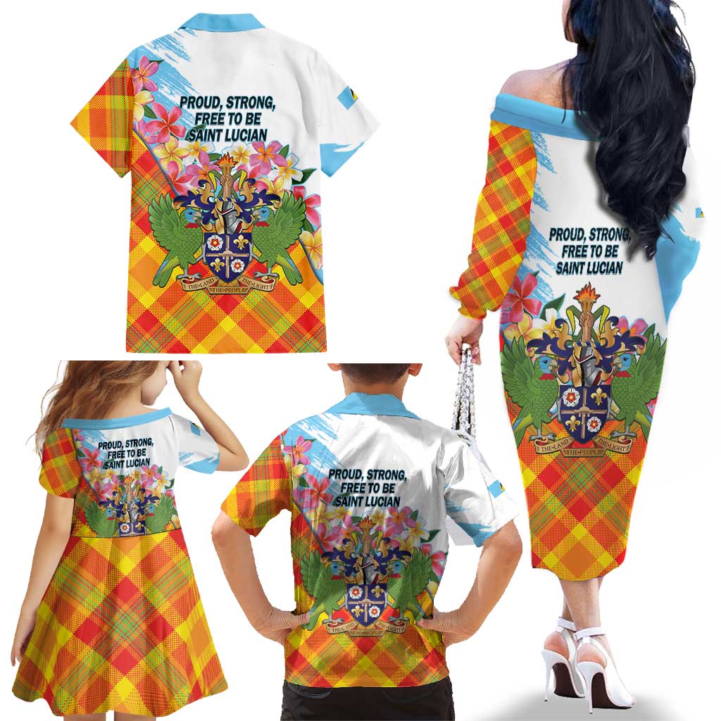 Saint Lucia Independence Day Family Matching Off The Shoulder Long Sleeve Dress and Hawaiian Shirt Saint Lucian Map Pitons Madras Pattern