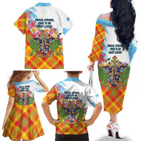 Saint Lucia Independence Day Family Matching Off The Shoulder Long Sleeve Dress and Hawaiian Shirt Saint Lucian Map Pitons Madras Pattern