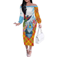 Saint Lucia Independence Day Family Matching Off The Shoulder Long Sleeve Dress and Hawaiian Shirt Saint Lucian Map Pitons Madras Pattern
