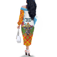 Saint Lucia Independence Day Family Matching Off The Shoulder Long Sleeve Dress and Hawaiian Shirt Saint Lucian Map Pitons Madras Pattern