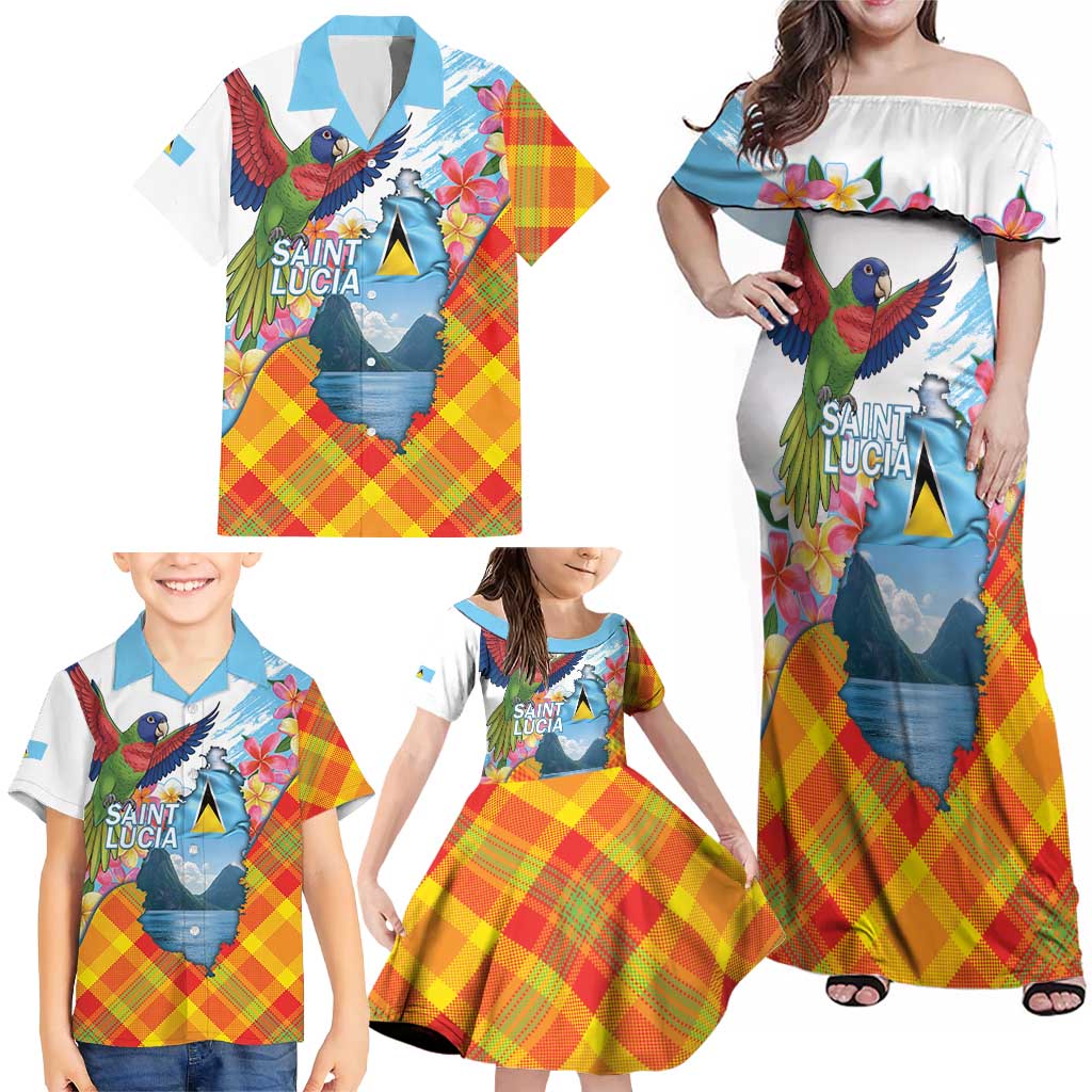 Saint Lucia Independence Day Family Matching Off Shoulder Maxi Dress and Hawaiian Shirt Saint Lucian Map Pitons Madras Pattern