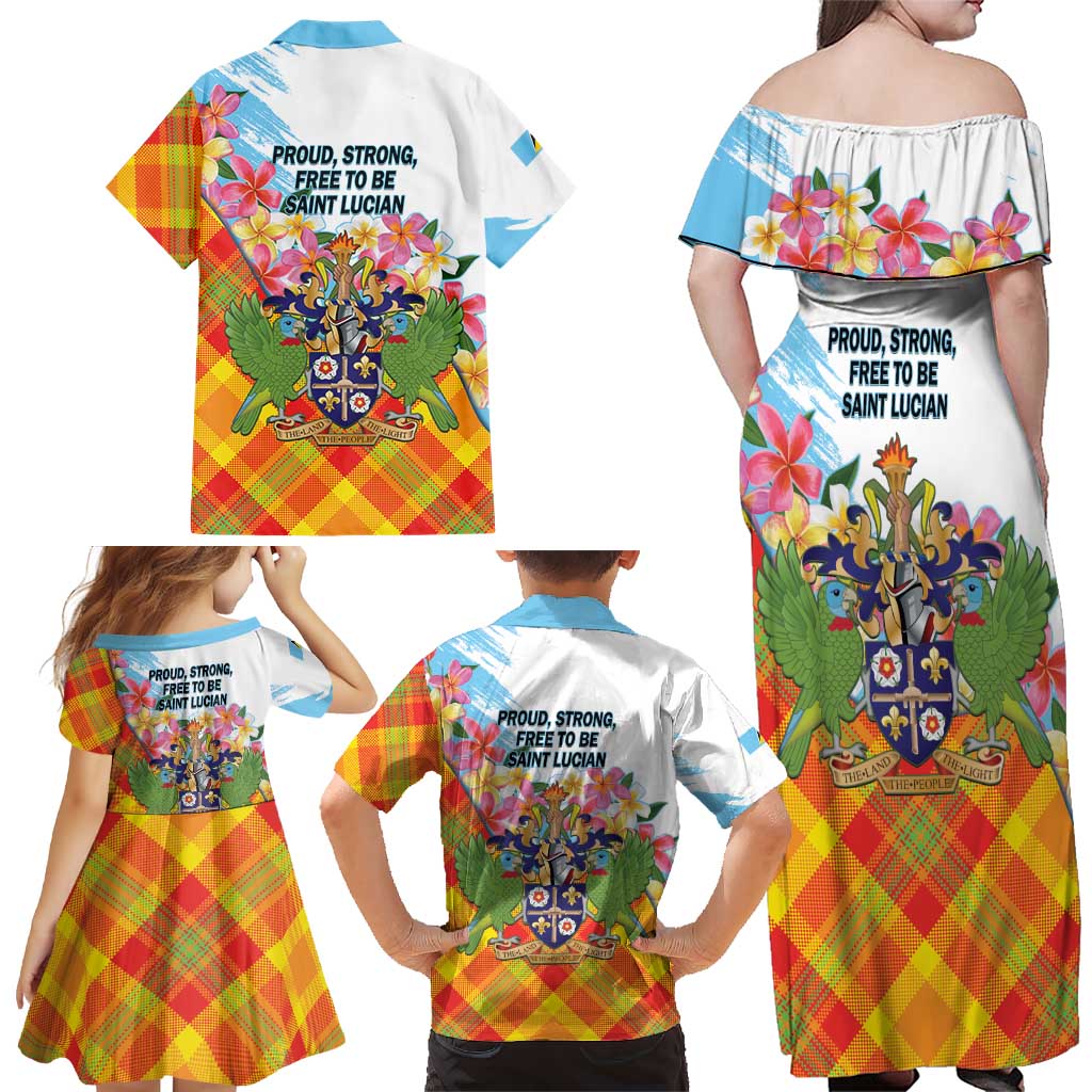 Saint Lucia Independence Day Family Matching Off Shoulder Maxi Dress and Hawaiian Shirt Saint Lucian Map Pitons Madras Pattern
