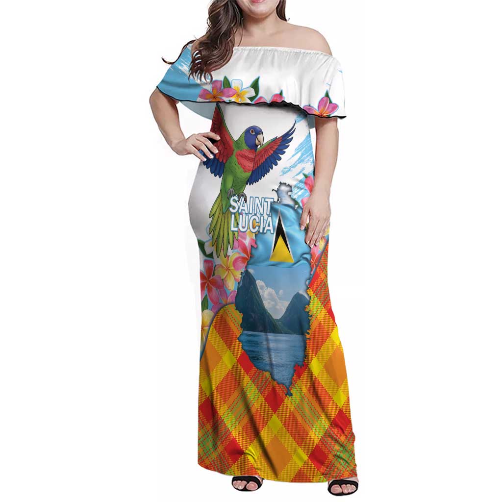 Saint Lucia Independence Day Family Matching Off Shoulder Maxi Dress and Hawaiian Shirt Saint Lucian Map Pitons Madras Pattern