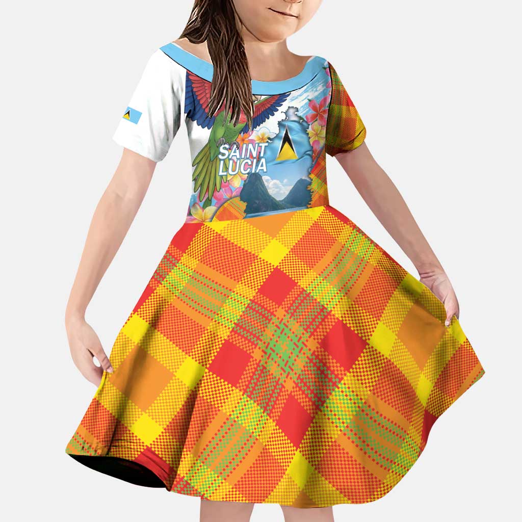 Saint Lucia Independence Day Family Matching Off Shoulder Short Dress and Hawaiian Shirt Saint Lucian Map Pitons Madras Pattern