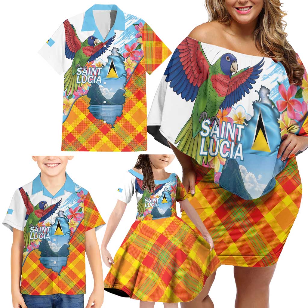 Saint Lucia Independence Day Family Matching Off Shoulder Short Dress and Hawaiian Shirt Saint Lucian Map Pitons Madras Pattern