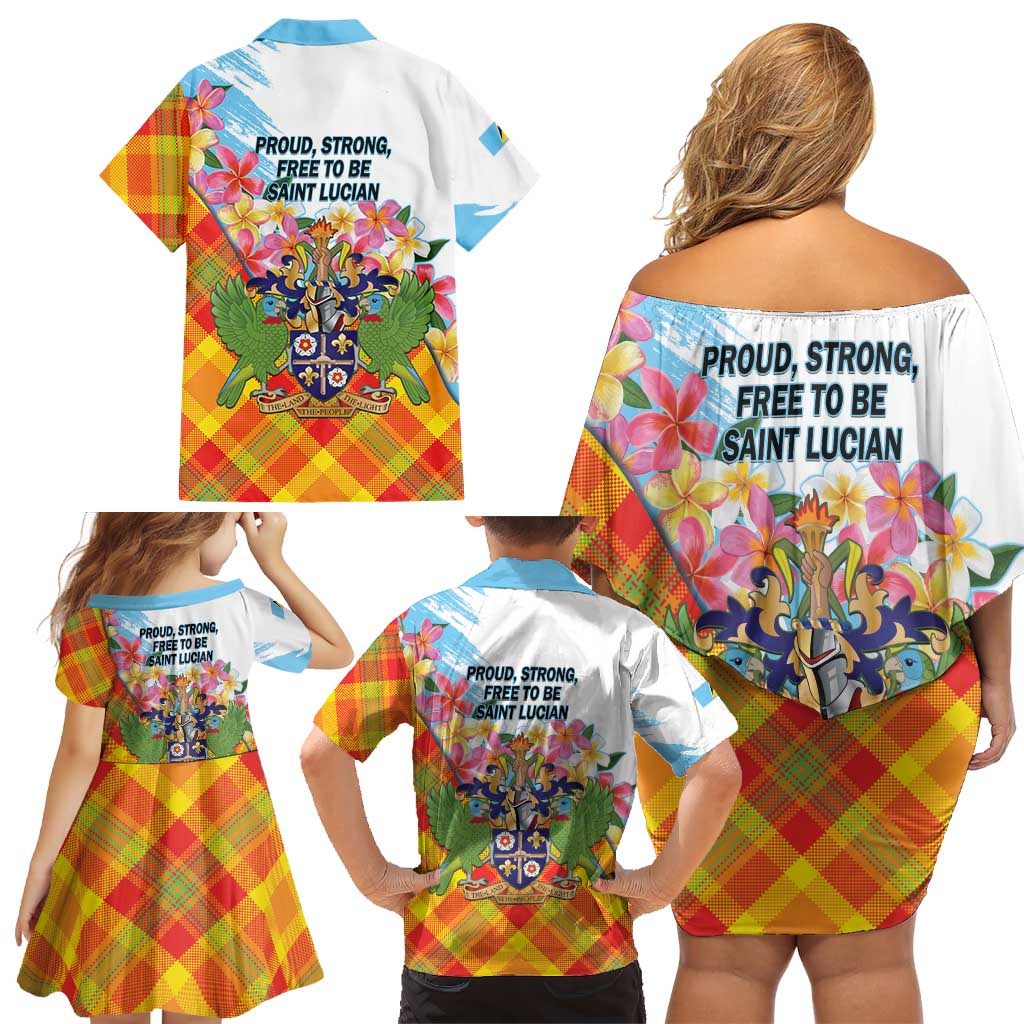 Saint Lucia Independence Day Family Matching Off Shoulder Short Dress and Hawaiian Shirt Saint Lucian Map Pitons Madras Pattern