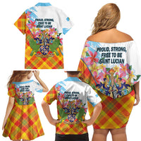 Saint Lucia Independence Day Family Matching Off Shoulder Short Dress and Hawaiian Shirt Saint Lucian Map Pitons Madras Pattern