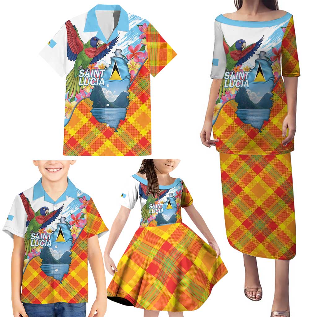 Saint Lucia Independence Day Family Matching Puletasi and Hawaiian Shirt Saint Lucian Map Pitons Madras Pattern
