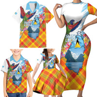 Saint Lucia Independence Day Family Matching Short Sleeve Bodycon Dress and Hawaiian Shirt Saint Lucian Map Pitons Madras Pattern