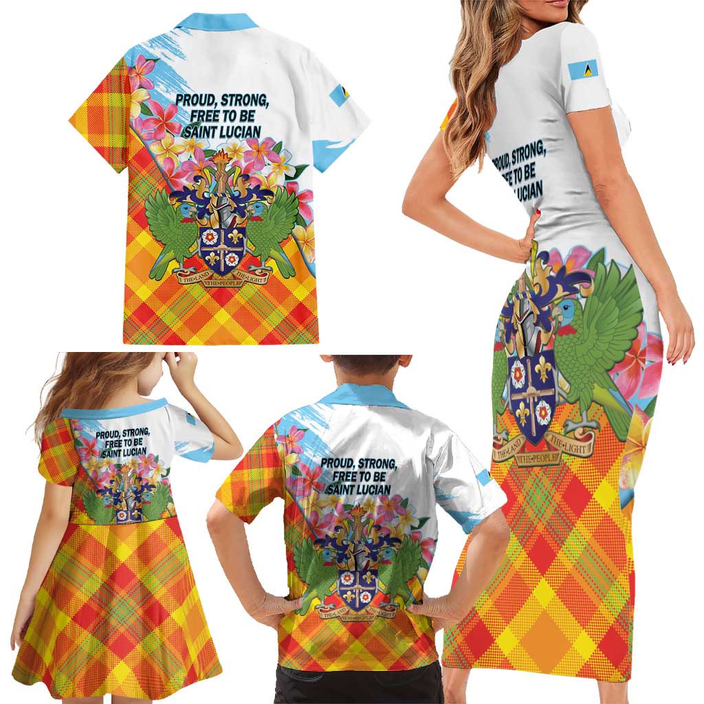 Saint Lucia Independence Day Family Matching Short Sleeve Bodycon Dress and Hawaiian Shirt Saint Lucian Map Pitons Madras Pattern