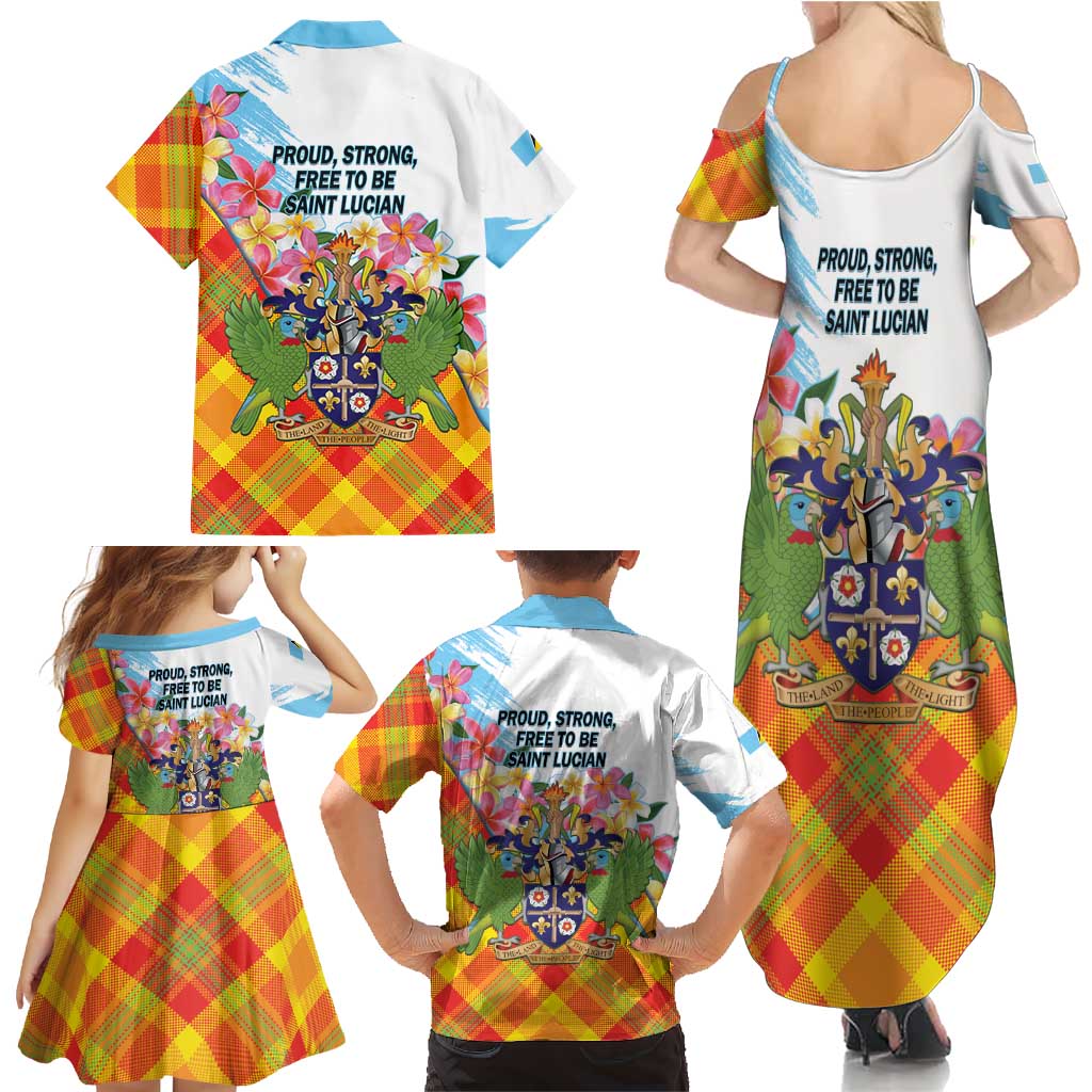 Saint Lucia Independence Day Family Matching Summer Maxi Dress and Hawaiian Shirt Saint Lucian Map Pitons Madras Pattern
