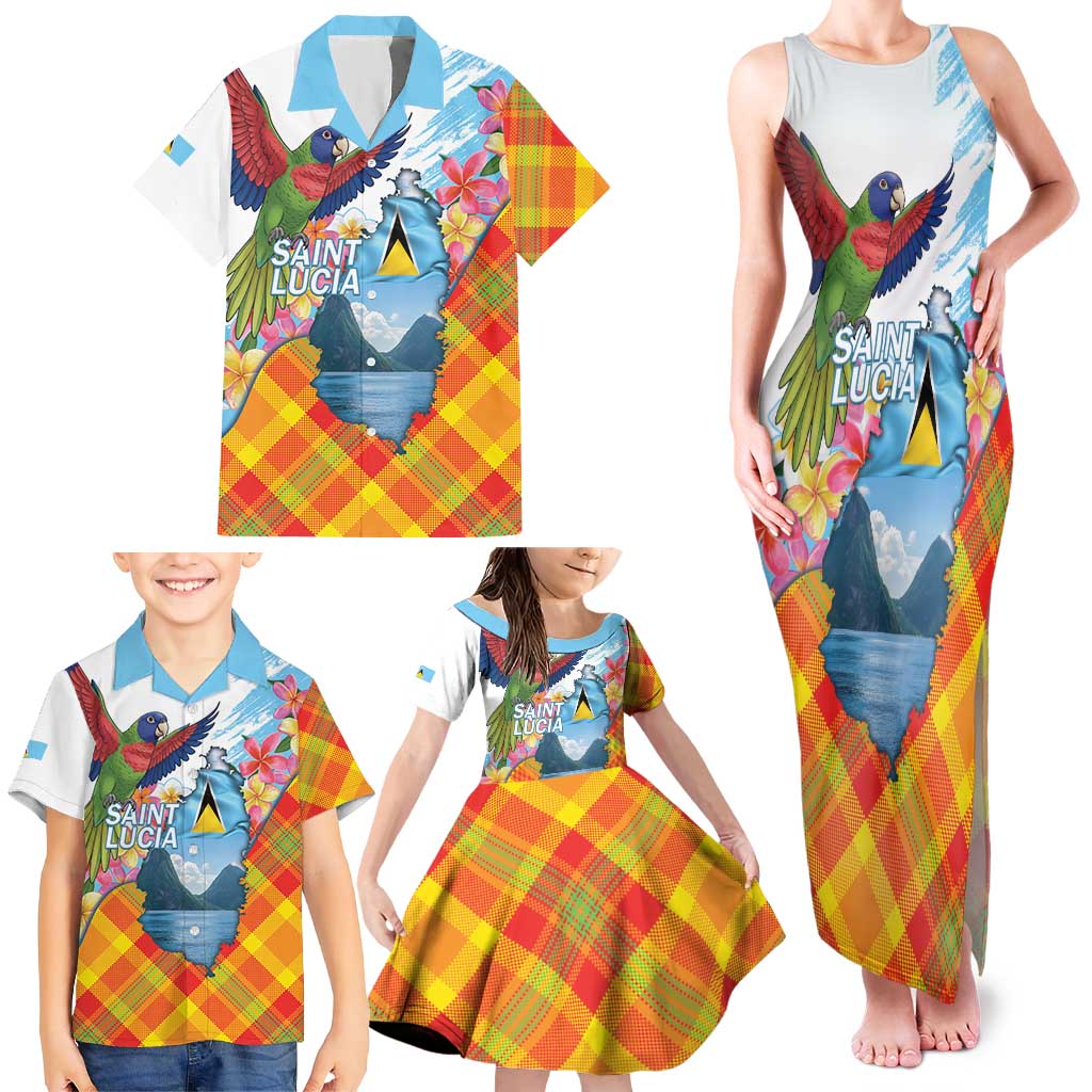Saint Lucia Independence Day Family Matching Tank Maxi Dress and Hawaiian Shirt Saint Lucian Map Pitons Madras Pattern