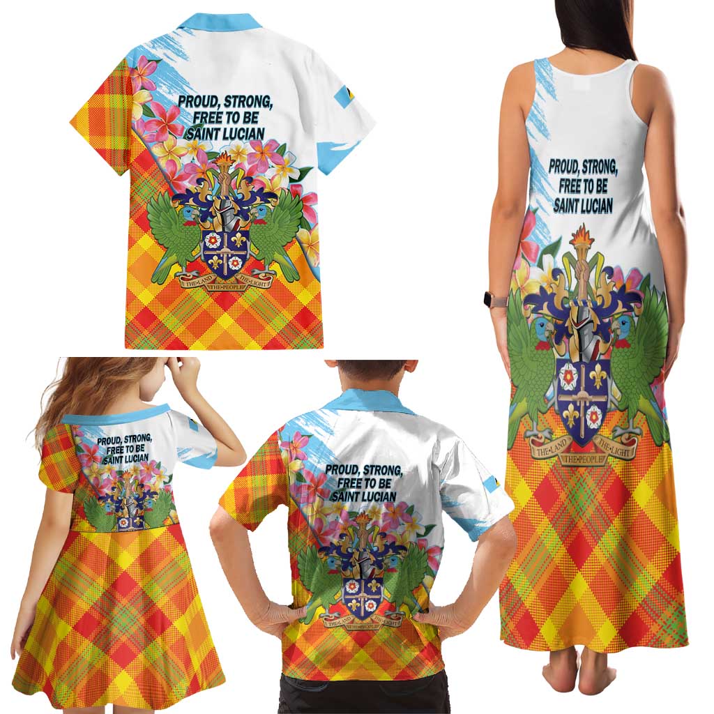Saint Lucia Independence Day Family Matching Tank Maxi Dress and Hawaiian Shirt Saint Lucian Map Pitons Madras Pattern