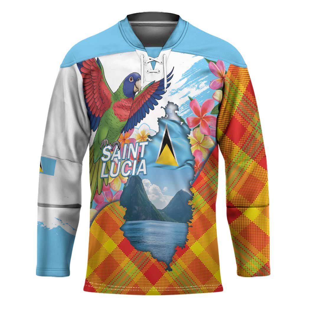 Saint Lucia Independence Day Hockey Jersey Saint Lucian Map Pitons Madras Pattern