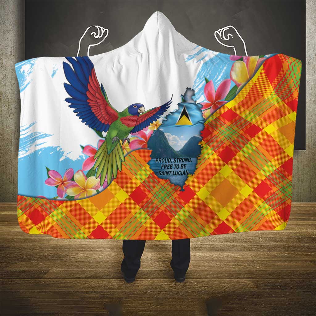 Saint Lucia Independence Day Hooded Blanket Saint Lucian Map Pitons Madras Pattern