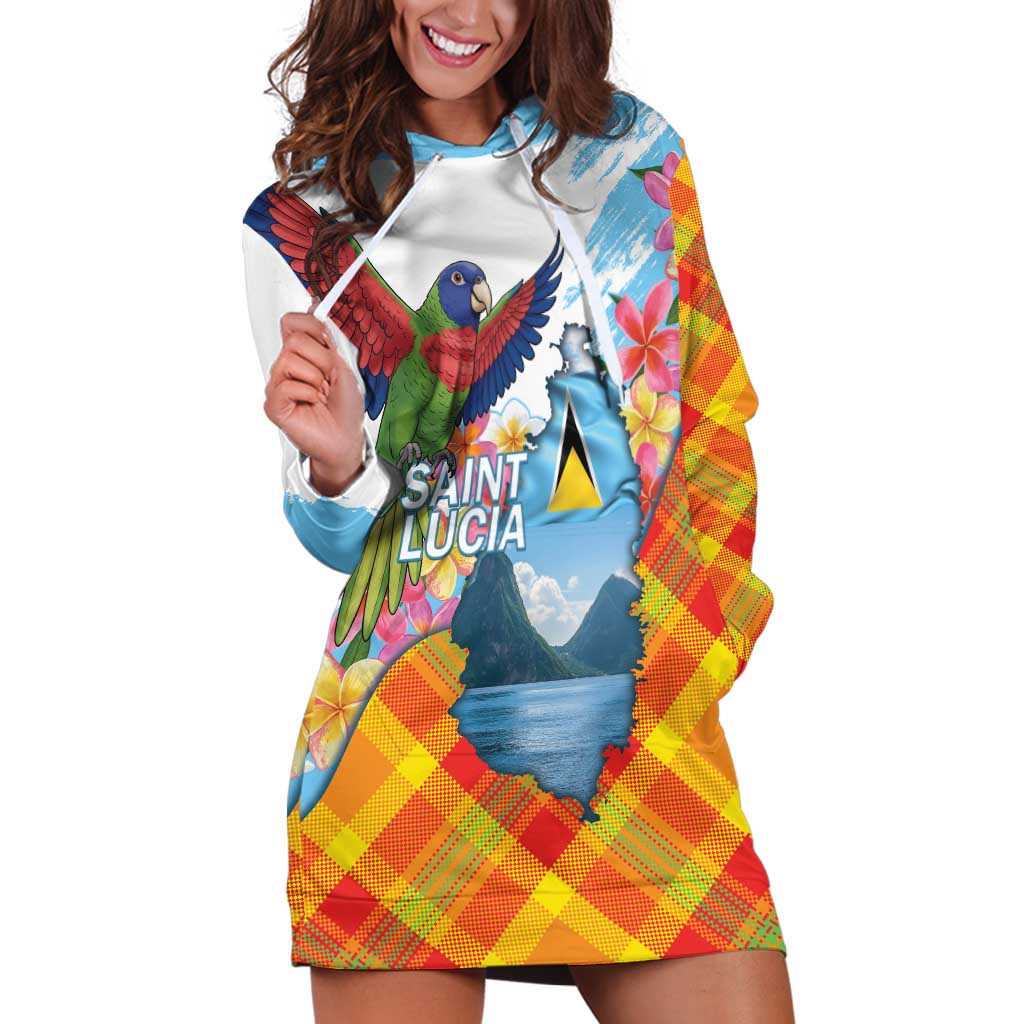 Saint Lucia Independence Day Hoodie Dress Saint Lucian Map Pitons Madras Pattern