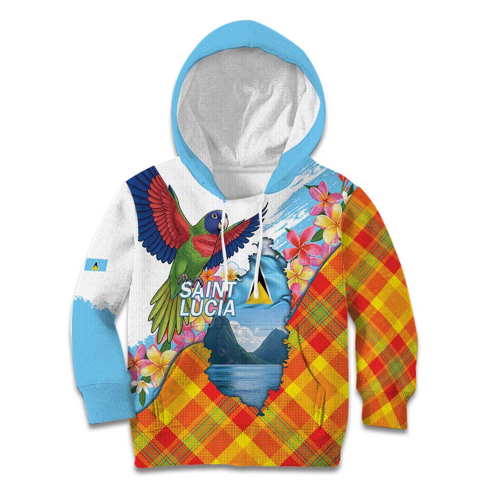 Saint Lucia Independence Day Kid Hoodie Saint Lucian Map Pitons Madras Pattern