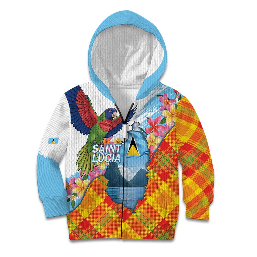 Saint Lucia Independence Day Kid Hoodie Saint Lucian Map Pitons Madras Pattern