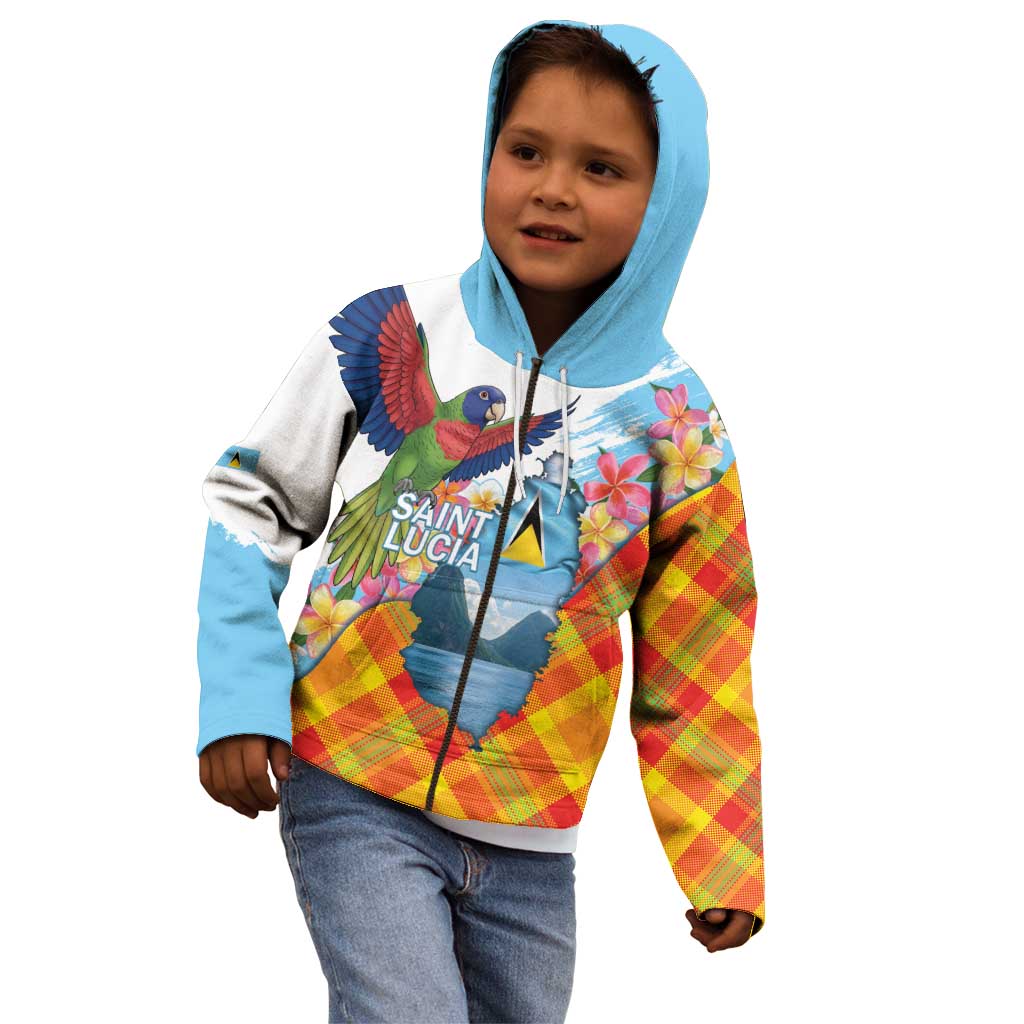 Saint Lucia Independence Day Kid Hoodie Saint Lucian Map Pitons Madras Pattern