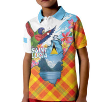 Saint Lucia Independence Day Kid Polo Shirt Saint Lucian Map Pitons Madras Pattern
