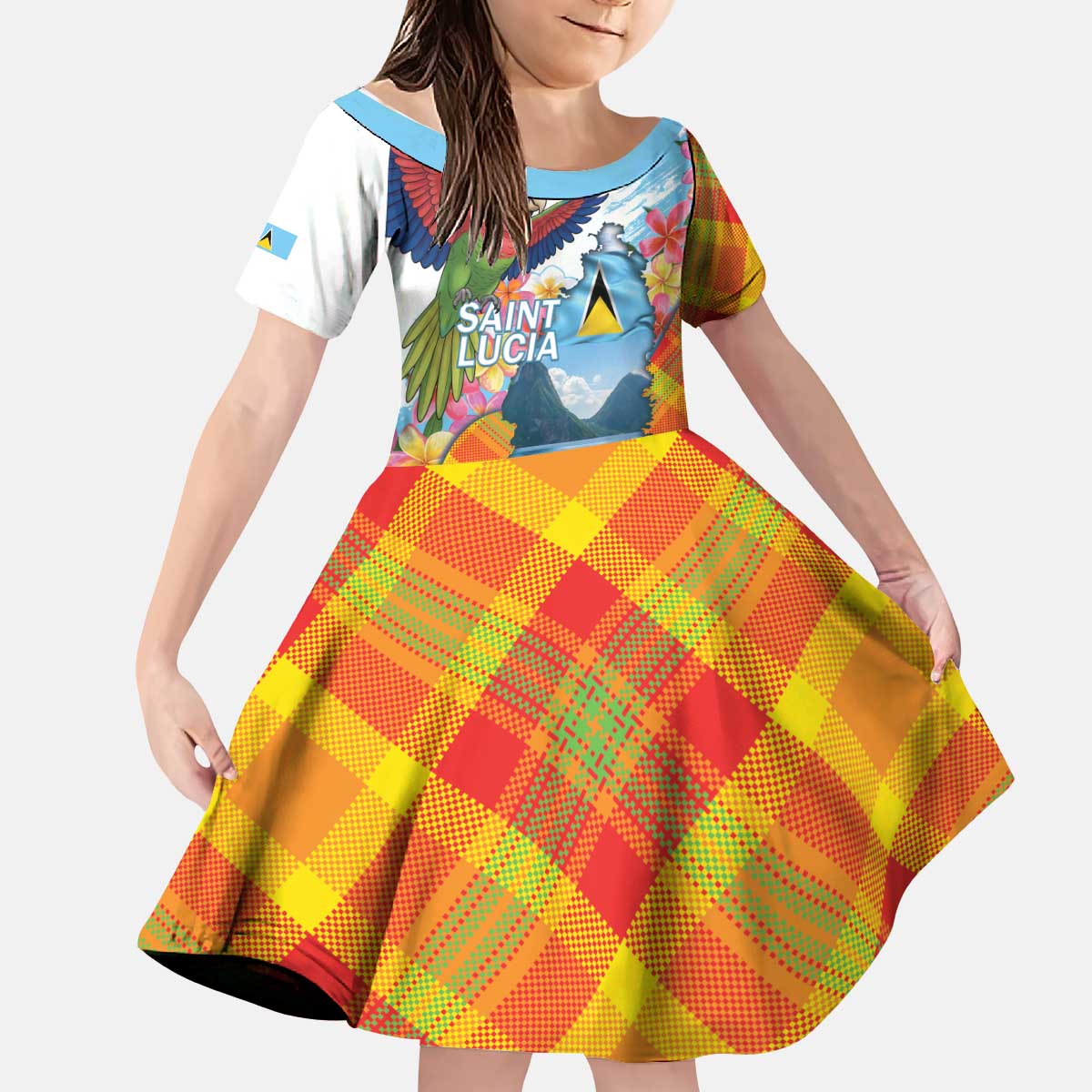 Saint Lucia Independence Day Kid Short Sleeve Dress Saint Lucian Map Pitons Madras Pattern