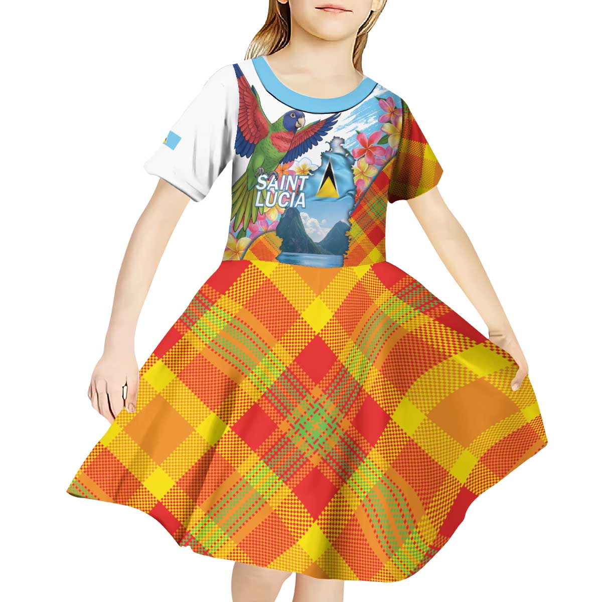 Saint Lucia Independence Day Kid Short Sleeve Dress Saint Lucian Map Pitons Madras Pattern