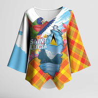 Saint Lucia Independence Day Kimono Sleeve Blouse Saint Lucian Map Pitons Madras Pattern