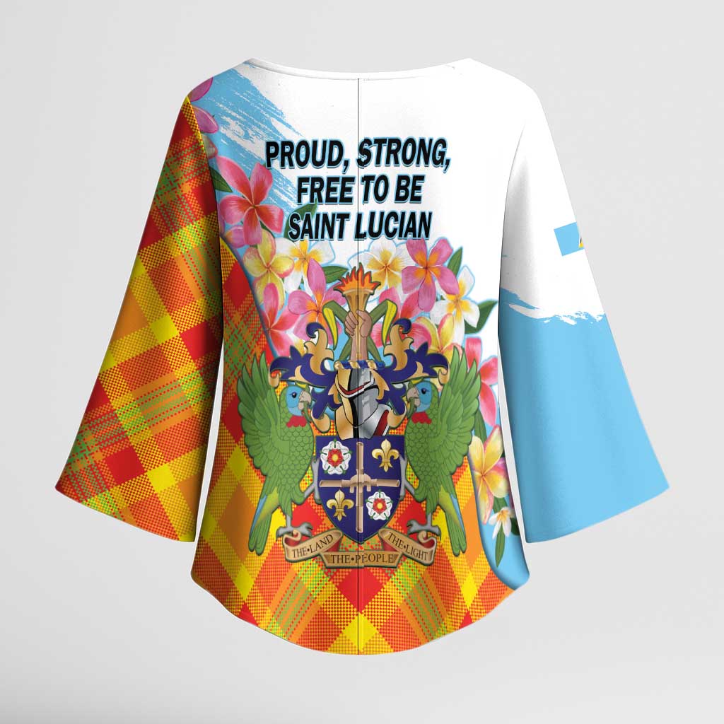 Saint Lucia Independence Day Kimono Sleeve Blouse Saint Lucian Map Pitons Madras Pattern