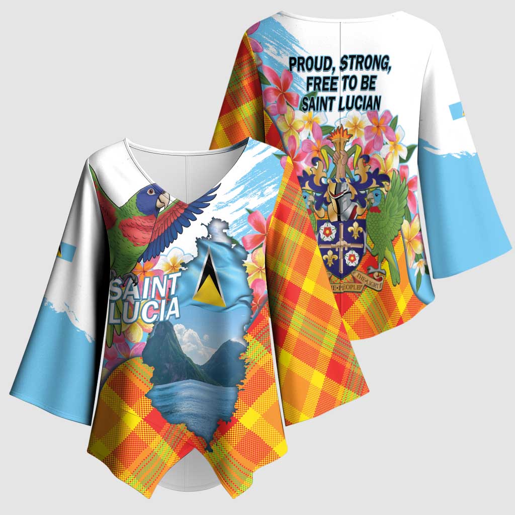Saint Lucia Independence Day Kimono Sleeve Blouse Saint Lucian Map Pitons Madras Pattern