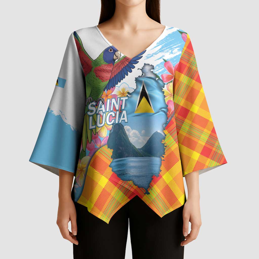 Saint Lucia Independence Day Kimono Sleeve Blouse Saint Lucian Map Pitons Madras Pattern