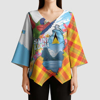 Saint Lucia Independence Day Kimono Sleeve Blouse Saint Lucian Map Pitons Madras Pattern