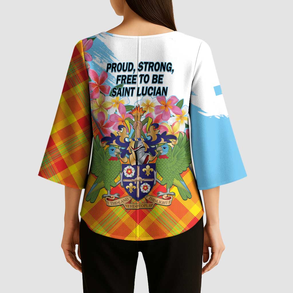 Saint Lucia Independence Day Kimono Sleeve Blouse Saint Lucian Map Pitons Madras Pattern