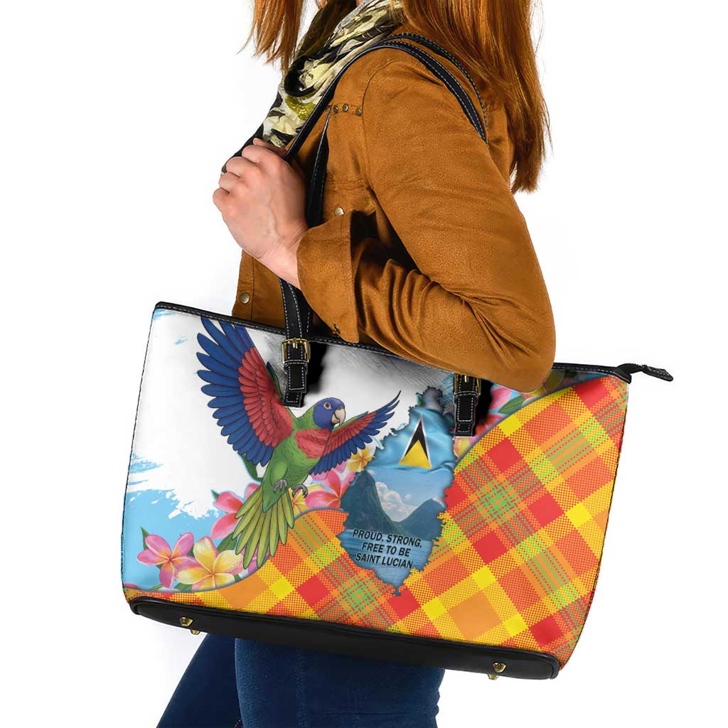 Saint Lucia Independence Day Leather Tote Bag Saint Lucian Map Pitons Madras Pattern